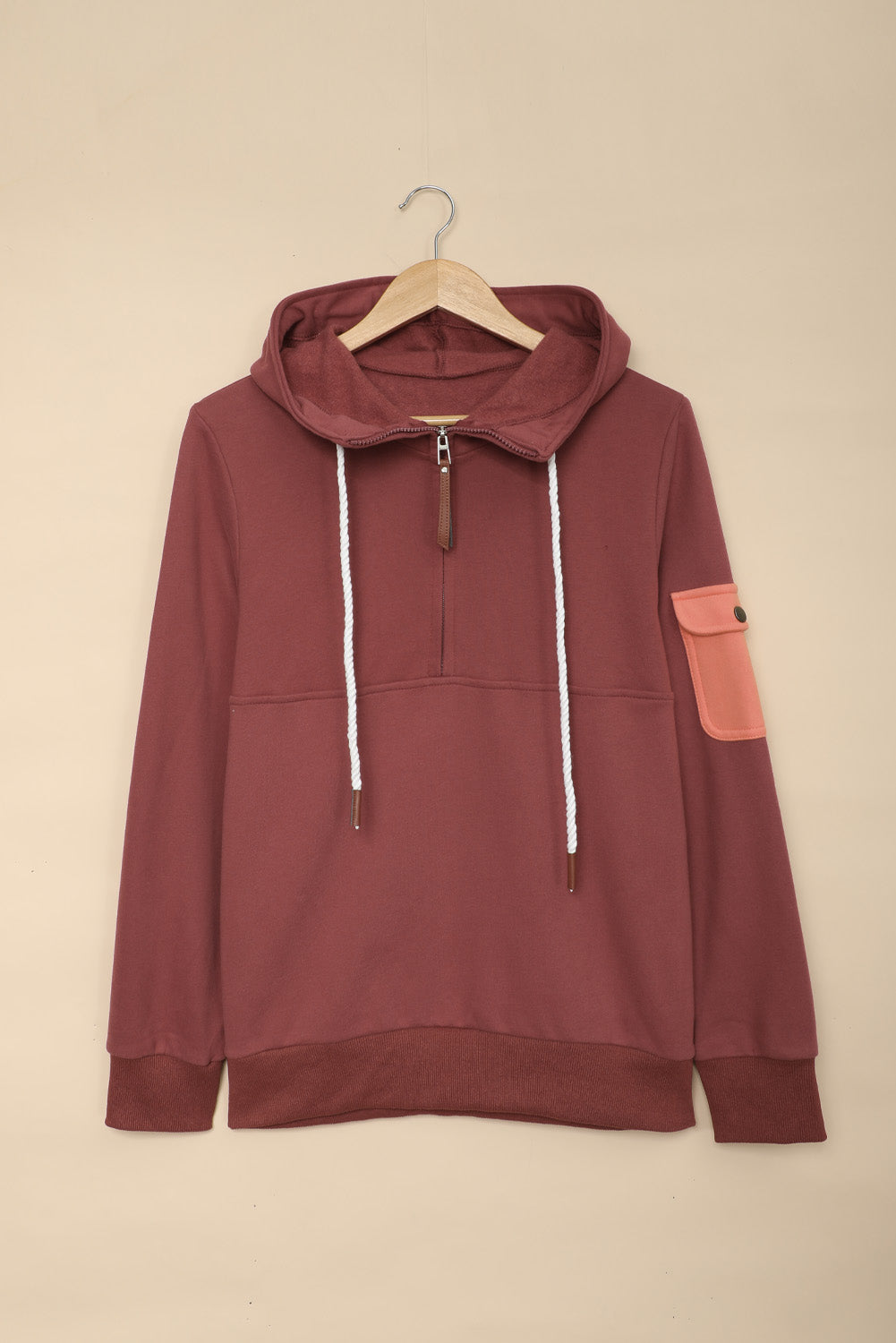 Half Zip Patch Pocket Drawstring Hoodie - surfinsky