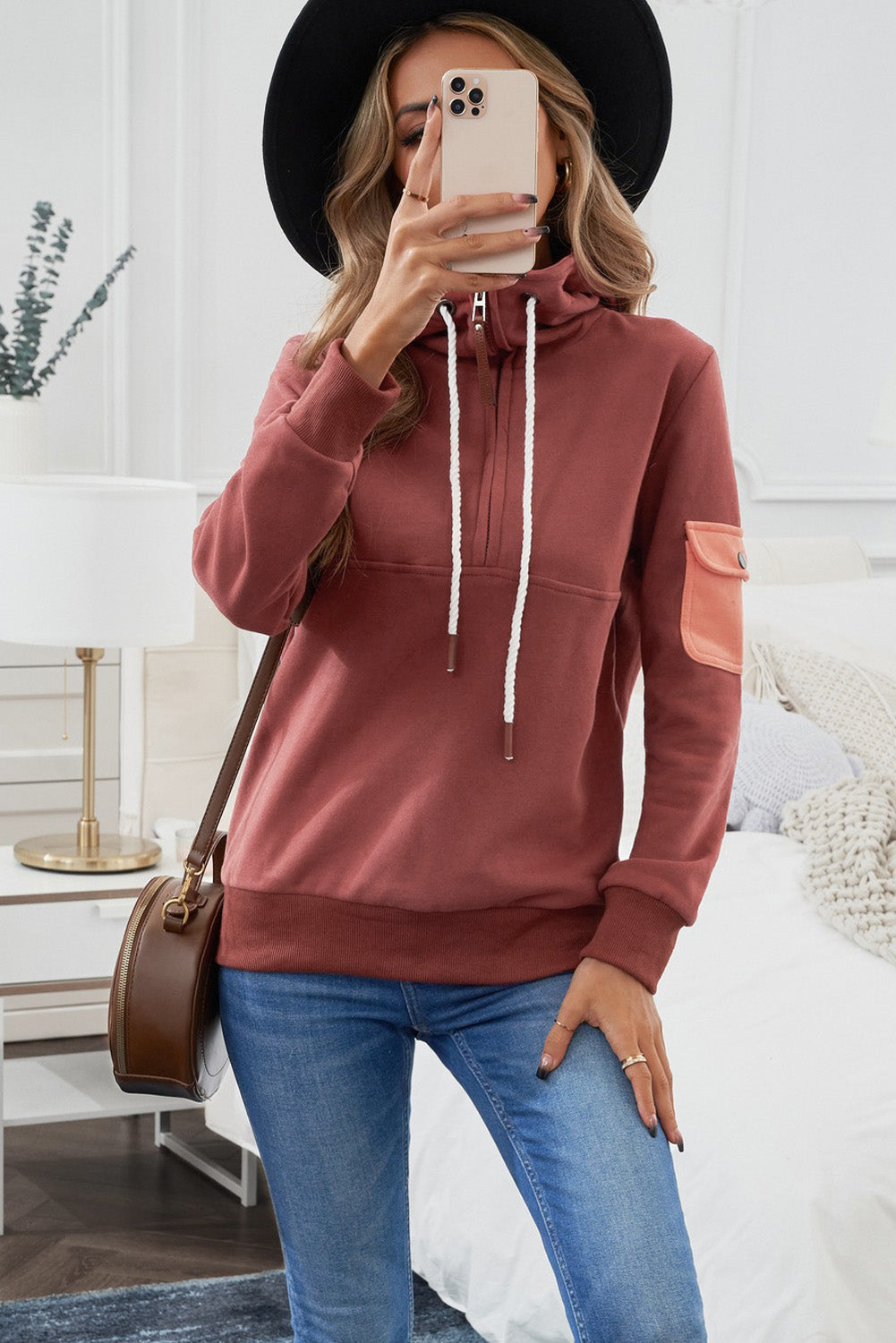 Half Zip Patch Pocket Drawstring Hoodie - surfinsky