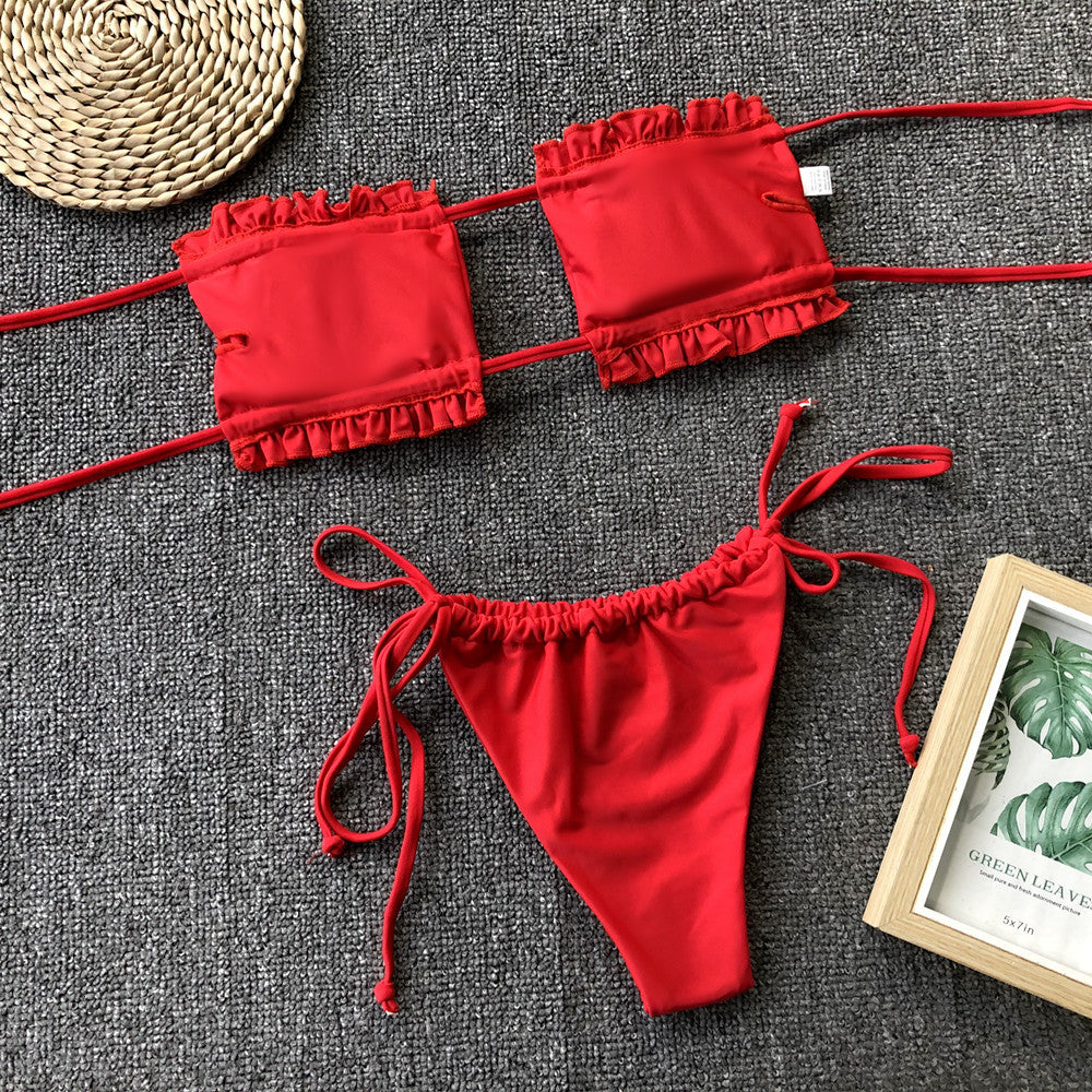 Frill Trim Ruched Bikini Set - surfinsky