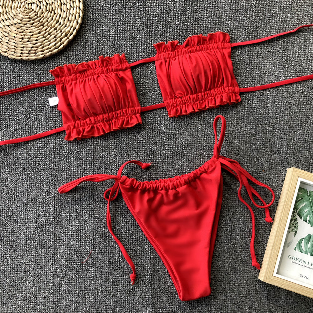 Frill Trim Ruched Bikini Set - surfinsky