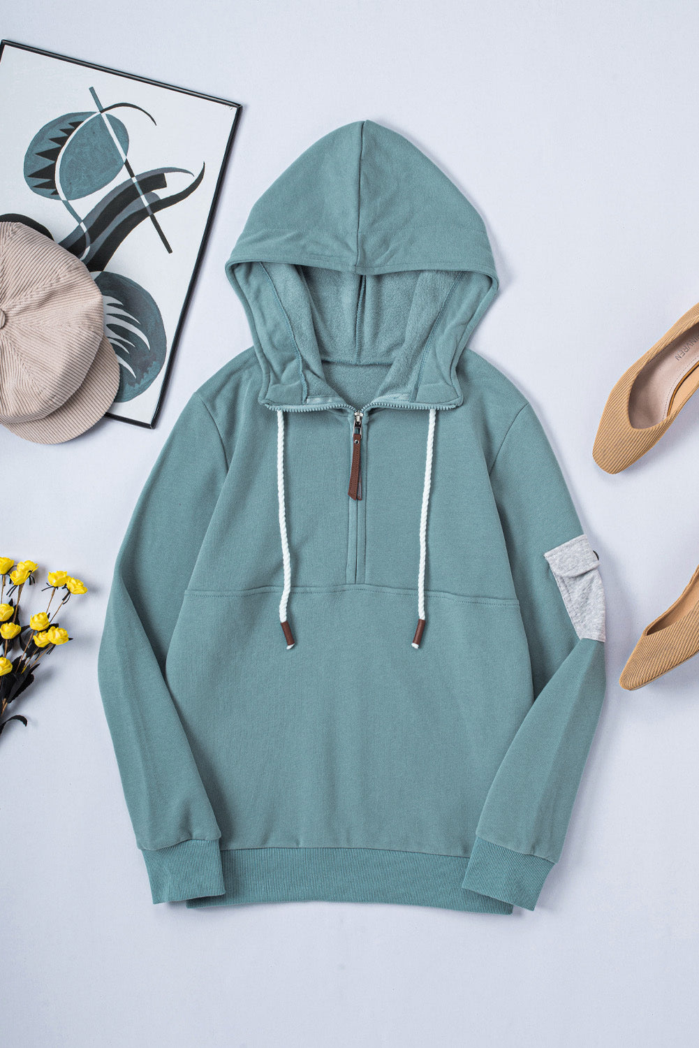 Half Zip Patch Pocket Drawstring Hoodie - surfinsky