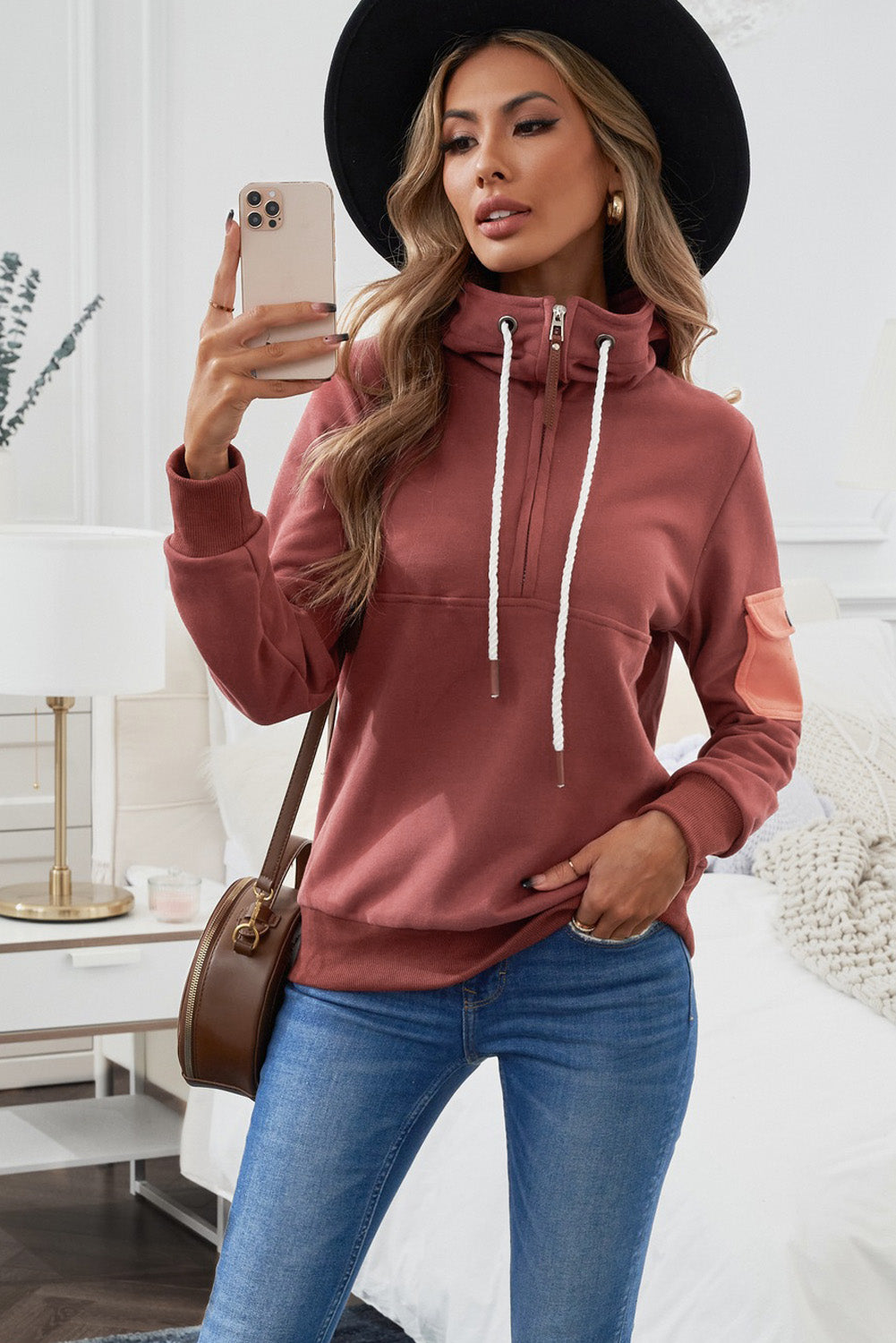 Half Zip Patch Pocket Drawstring Hoodie - surfinsky